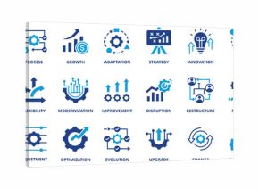 business transformation icon set collection in solid glyph dual color style. pack contain transformation, innovation, strategy, change, growth, agility, digital, optimization, process, evolution icon
