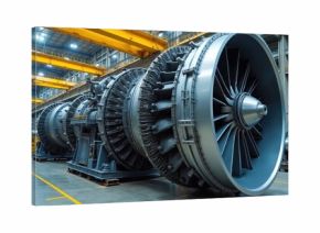 Large industrial turbine engines sit in a factory workshop. Giant metal components are arranged in a line ready for assembly or maintenance. Heavy machinery fills the production facility.