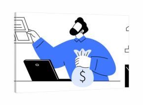 Office worker using a laptop, analyzing charts, holding a money bag near icons of a bank and briefcase. Ideal for finance, banking, wealth management, strategy, business, investing simple flat