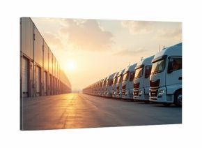 Lineup of white semi-trucks parked in front of a logistics warehouse. The setting sun casts long shadows on the concrete lot, illuminating the parked fleet. These vehicles await transport or charging.
