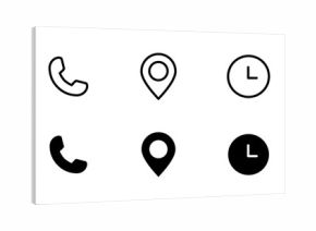 Interface icon set. Phone receiver, home, location pin, clock and calendar elements form a clean contact vector illustration. Navigation and scheduling symbol. Call and visit planning sign.