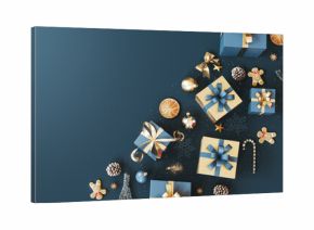 Christmas decoration with Christmas presents on blue background with copy space. Christmas banner design. 3D Rendering, 3D Illustration 