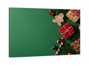 Vibrant green background with wrapped gifts, gingerbread, candy cane and pine accents. Festive ornaments create a warm holiday mood