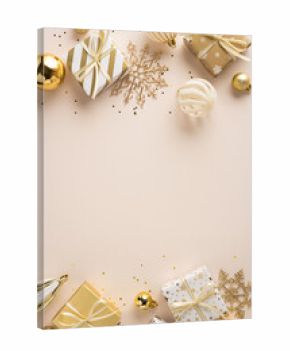Elegant vertical gold gifts, ornaments, and snowflake decor frame a warm Christmas and NewYear scene