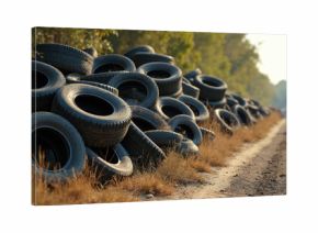 Large pile of discarded vehicle tires rests in rural setting. Used black rubber waste pollutes natural environment next to dirt road. Illegal dumping represents serious eco problem, global