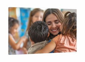 Group of joyful children hugging their teacher in a warm sunlit classroom, showing love, support, connection and positive emotions in an educational environment with natural light.