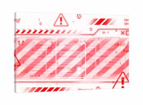 Red warning signs and digital interface elements with binary code over white background, illustrating a cybersecurity alert or data breach concept
