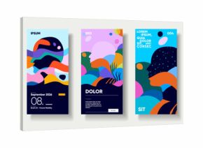 A vibrant collection of abstract posters featuring colorful geometric shapes and patterns. Each design showcases a unique blend of bold colors and dynamic forms, perfect for modern art enthusiasts.