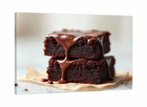 Rich chocolate brownie slices stacked with melted chocolate glaze. Moist baked squares with gooey topping, perfect dessert for any occasion. Decadent sweet treat.