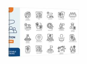 Migration icon set. Contain icons related to immigration, visa, border, migrant, country, passport, and more. Editable stroke. Vector illustration