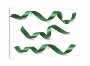 Set of decorative green ribbon with realistic shadow isolated on white. Christmas decoration. Vector stock illustration