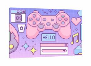 Retro pixel computer game icons collection. Vector illustration of 90s style pc, gamer console, digital toy, search bar, text cloud, info window, trash bin and warning sign, vintage software interface