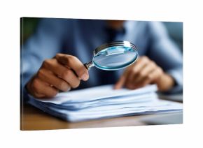 Audit and fraud investigation using magnifying glass inspection auditor examining documents financial discrepancy detection forensic accounting review compliance verification