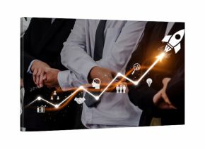 A diverse group of business professionals stands confidently with arms crossed, symbolizing unity and strength while an upward trend graphic indicates growth and potential. Trope