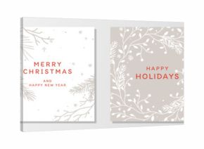 Set of Christmas cards. New Year's winter elegant cards with snowflakes and fir tree branches on a neutral pastel beige and white background. Vector illustration