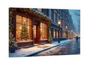 Christmas decorated shop window with glowing lights on snowy city street at evening. Store facade Xmas tree, gifts, festive garlands. People walk on winter sidewalk in classic European town for