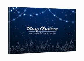 Blue Merry Christmas background with hanging string light and sparkly tree silhouettes. Modern holiday greeting card design for New Year celebration.