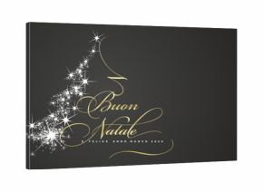 Merry Christmas and Happy New Year 2026 Italian language golden white light script calligraphy typography with glitter sparkle stardust in shape of Christmas tree black background greeting card