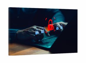 Cybersecurity concept showing person using laptop computer with digital padlock icons, highlighting data protection, secure access, privacy risk prevention, and online security awareness.