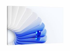 Abstract geometric 3d background with white blue gradient layer effect and glass sphere. Elegant wave plastic shapes, smooth texture with crystal glossy ball. Futuristic minimalist. 3D illustration