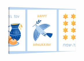 Hanukkah, greeting card designs. Festive Judaic posters set with Happy Hanuka, Jewish text translation, menorah candles, dreidels, dove and Hannukah holiday food symbols. Flat vector illustrations.