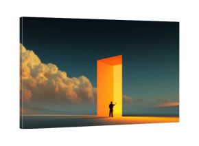 Digital artwork. Man facing glowing orange portal in wide landscape with clouds. Concept of branding identity, AI-driven creativity, strategic decision-making, educational themes, future design visual