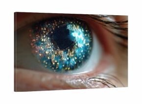 Extreme close-up of human eye with futuristic digital iris pattern