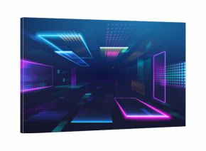 AI quantum tunnel background with data 3D abstract dots for digital tech. Grid code squares and blue portal perspective with a matrix neon aesthetic. 