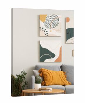 Cozy sofa with modern pictures and coffee table in living room