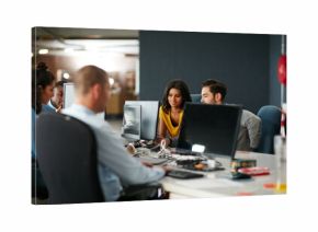 Business people, travel agency and computer with group for agenda, tasks or services in office. Team, creative and coworking with teamwork for schedule planning, ideas or brainstorming in workplace