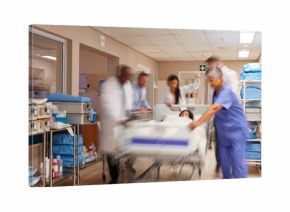 Emergency, people and rush with patient in hospital, urgent medical response and critical care in corridor. Doctors, teamwork and staff transport stretcher to operation, blur and action in healthcare