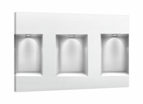 Empty white wall niches with led spotlights and shadow depth in 3d room interior. Blank shelf boxes illuminated by ceiling light for museum gallery exhibition or retail product display frame mockup.