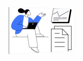 Woman using laptop, gesturing towards data chart and documents, symbolizing data analysis, business strategy, teamwork, digital marketing, project planning, education and communication. Simple flat