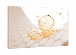 3d dry skin with oil drop texture. Epidermis surface with hexagon cell pattern, gold liquid bubble and stain of serum, collagen gel, hyaluronic essence. Cosmetic skincare background