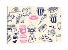 Hand drawn vector collection of fast food items including burgers, hot dogs, popcorn, and cotton candy in a whimsical kids doodle style perfect for menu designs and food themed decorations