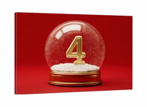 Snow globe with golden number 4 resting on snow against a vibrant festive red background. 12 days of christmas