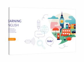 English Language learning, concept design. Travel, tourism illustration of Great Britain. Speech bubble with image of London inside