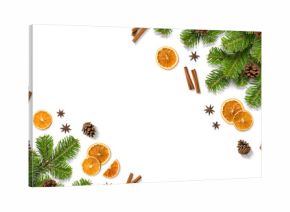 Christmas composition with green fir branches, dried orange slices, cinnamon sticks, anise and pine cones isolated on a transparent background. Perfect for Christmas and winter designs.