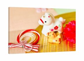 午年の年賀状素材　馬の親子と迎春飾り