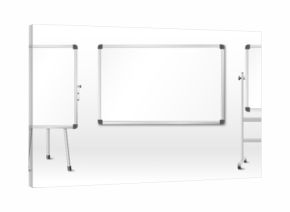 Whiteboard office mockup with tripod stand - 3D realistic presentation board for business meetings and classroom training. Blank white magnetic surface with frame for charts and brainstorming session