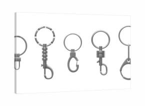 Realistic set of metal carabiners with ring, lobster clasps in various shapes vector set, silver carabiner for keychain