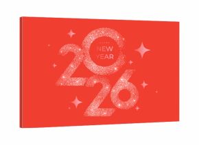 Happy New Year 2026 beautiful sparkling design of numbers and stars on bright red background. Modern winter holiday greeting banner, poster or greeting card template.