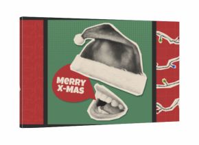 Retro Christmas collage set with halftone paper cutout art - candy canes tied by ribbon and bow, Santa hat and mouth with speech bubble on green background, garland lights with New Year 2026 note.