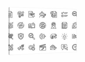 Creative writing, editing, and research line icon set. Vector pictograms of idea, document, robot, brain, and magnifying glass, thin linear illustration.