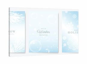Winter and Happy holiday greeting card vector set. Elegant wallpaper with pine leaves, pinecone, snowflake. Holidays design illustration for cover, print, poster, Happy New Year, ads. 