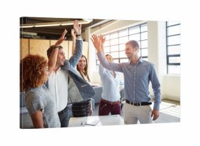 Smile, business and people cheering in office for good news, real estate success and celebration. Happy, staff or team achievement for property deal, realtor motivation and sales milestone of auction