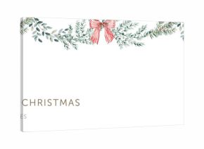 Christmas border, green fir twigs, red bow, text, white background. Nature design. Vector illustration. Greeting banner template. Winter xmas season