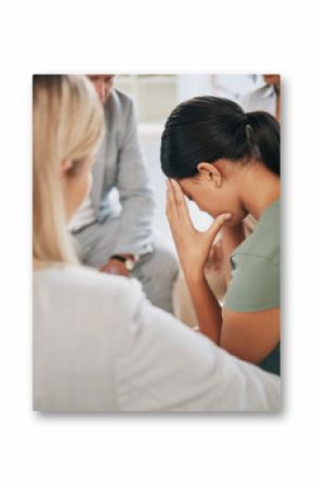Grief, loss and woman at community support group for mental health, counseling or help. Solidarity, trust and group of people in circle comforting, helping and supporting lady with bad news together.
