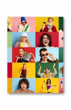 Collage made of portraits of different positive people, men and women in diverse situations against multicolored background. Concept of human emotions, youth, lifestyle, facial expression. Ad