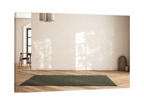 Modern interior design of apartment, dining room with table and chairs, kitchen, empty living room with white wall, panorama. 3d Rendering